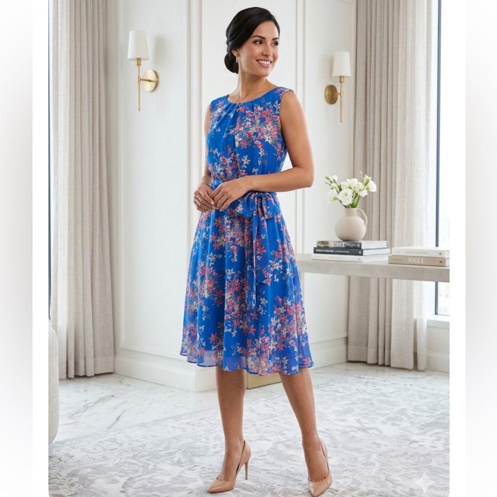 JH Royal Blue Floral Midi Dress Size 12 - Sleeveless Belted A-Line